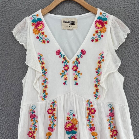 Savanna Jane Dress Womens Medium White Multi Embroidered Floral Shift Gauzy Mini - Picture 2 of 11